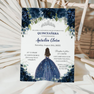Invitation Quinceañera Marine Bleu Floral Argent Princesse Co