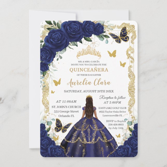 Invitation Quinceañera Marine Bleue Floral Or Princesse (Devant)