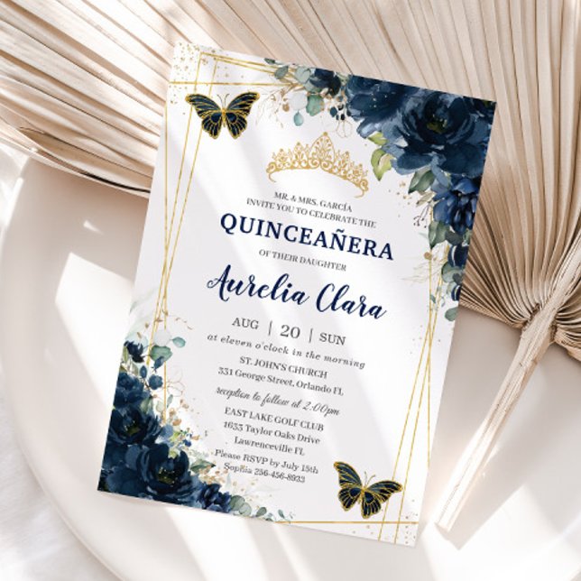 Invitation Quinceañera Marine Blue Floral Papillons Couronne (Créateur téléchargé)