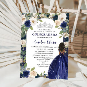 Invitation Quinceañera Marine Blue Floral Princesse Anniversa