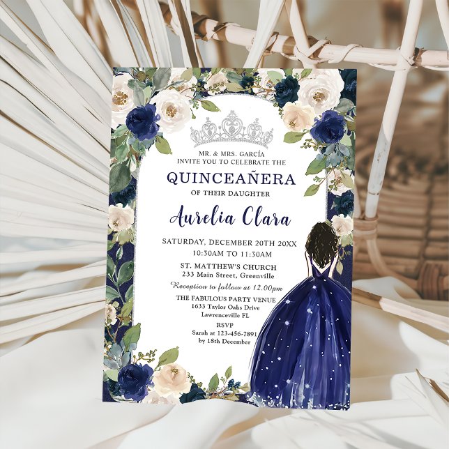Invitation Quinceañera Marine Blue Floral Princesse Anniversa (Créateur téléchargé)