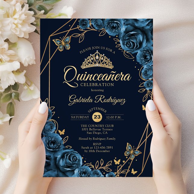 Invitation Quinceanera Marine Blue Gold Floral (Créateur téléchargé)
