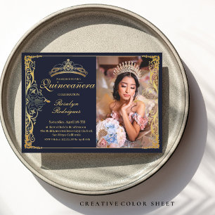 Invitation Quinceanera Marine Blue Gold Quinceanera avec phot