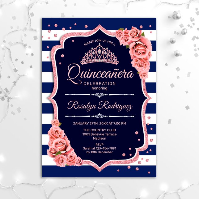 Invitation Quinceanera - Marine Rose Gold (Créateur téléchargé)