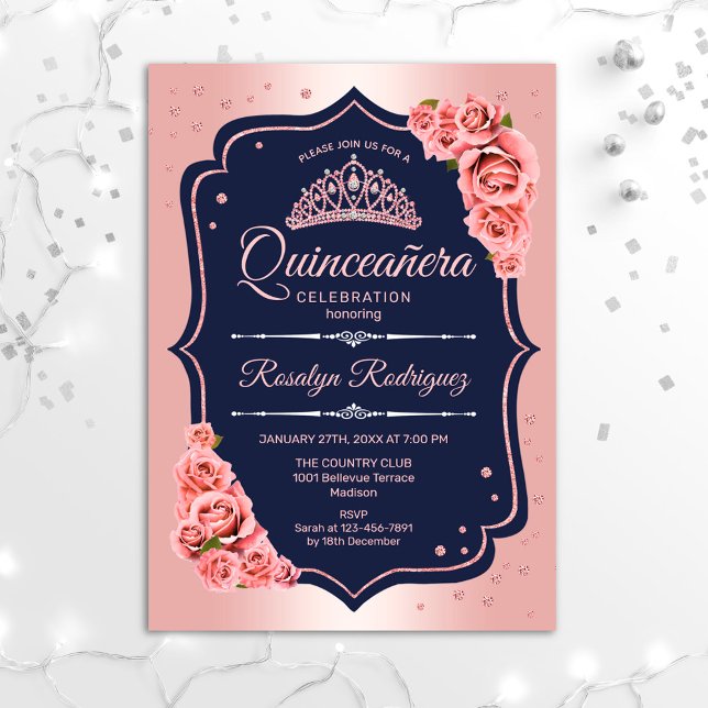 Invitation Quinceanera - Marine Rose Gold (Créateur téléchargé)