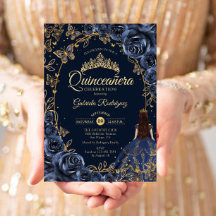Invitation Quinceanera Marine Roses de papillons d'or