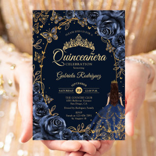 Invitation Quinceanera Marine Roses de papillons d'or