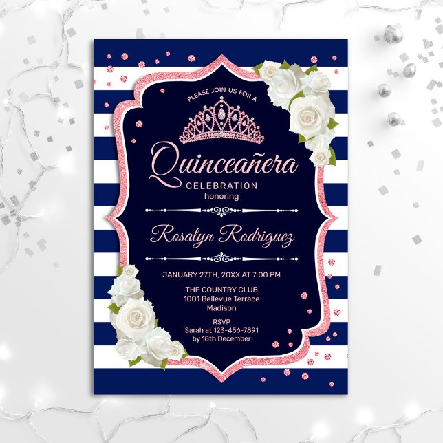 Invitation Quinceanera - Marine White Rose Gold (Créateur téléchargé)
