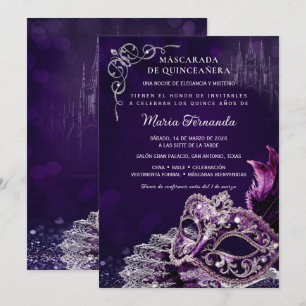 Invitation Quinceañera Mascarade Violet Argent Élégant