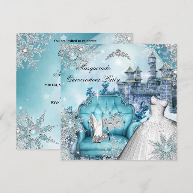 Invitation Quinceanera Masquerade Magique Princesse Bleu 2 (Devant / Derrière)