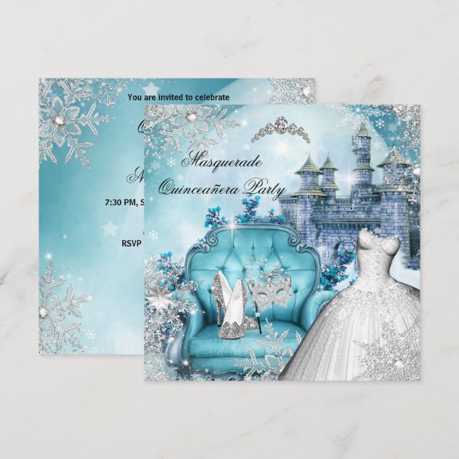 Invitation Quinceanera Masquerade Magique Princesse Bleue (Devant / Derrière)
