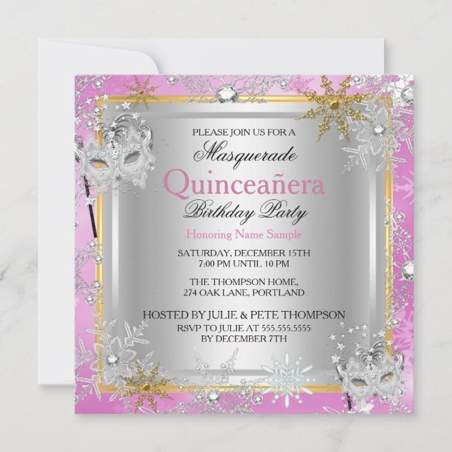Invitation Quinceanera Masquerade Pink Gold Snowflakes Argent (Devant)
