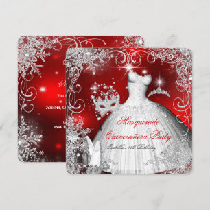 Invitation Quinceanera Masquerade Rouge Blanc Snowflakes 2