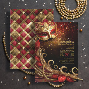 Invitation Quinceanera Masquerade Rouge Or ID1031