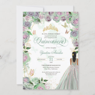 Invitation Quinceanera Mint Green Roses Élégant Papillon Inv