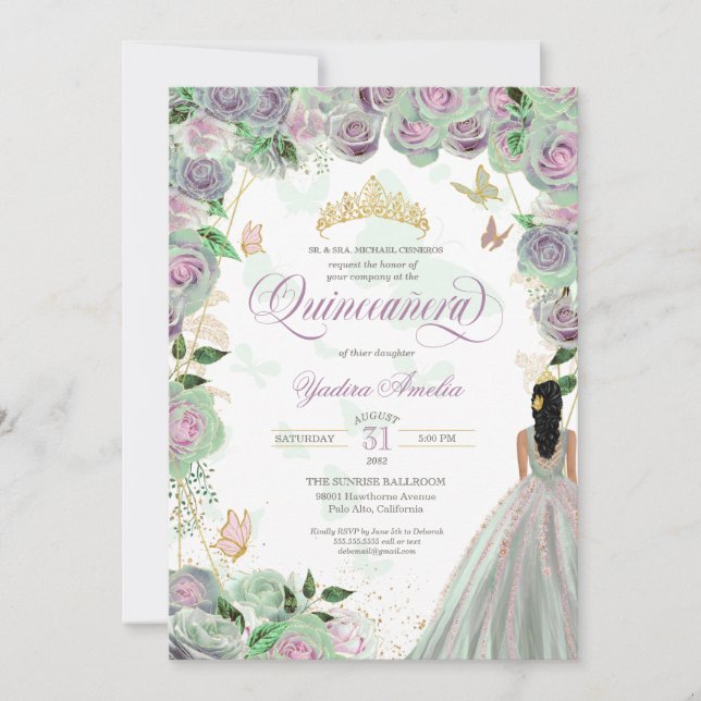 Invitation Quinceanera Mint Green Roses Élégants papillons (Devant)