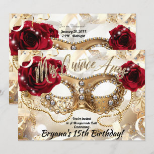 Invitation Quinceañera Mis Quiñce Cream Gold Masquerade