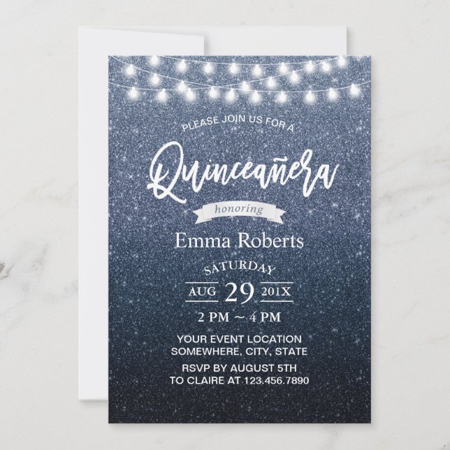 Invitation Quinceanera Moderne Marine Bleu Parties scintillan (Devant)