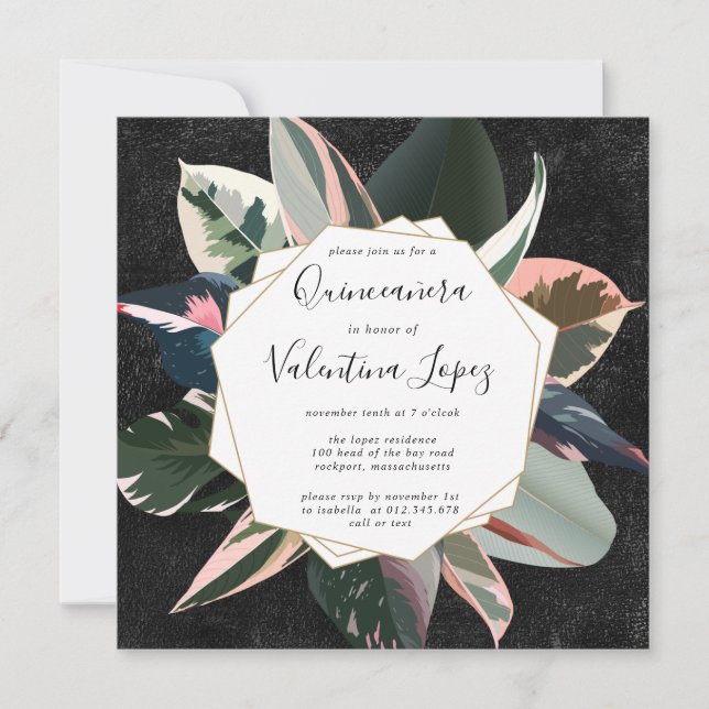 Invitation Quinceanera moderne rose noire tropicale (Devant)
