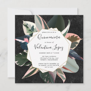 Invitation Quinceanera moderne rose noire tropicale