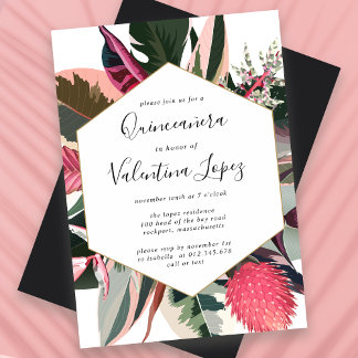 Invitation Quinceanera moderne rose noire tropicale