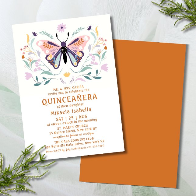 Invitation Quinceañera Moderne rose violet papillon floral (Créateur téléchargé)