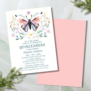 Invitation Quinceañera Moderne rose violet papillon floral