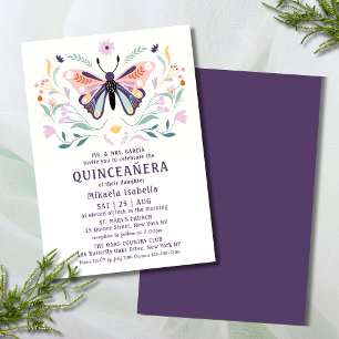 Invitation Quinceañera Moderne rose violet papillon floral