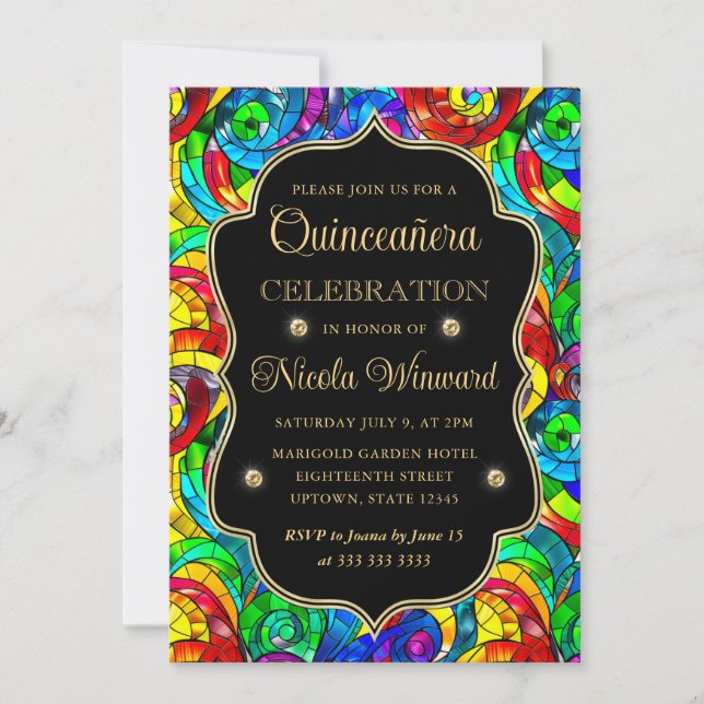 Invitation Quinceanera Multicolore et Or (Devant)