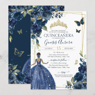 Invitation Quinceañera Navy Blue Floral Papillons et robe