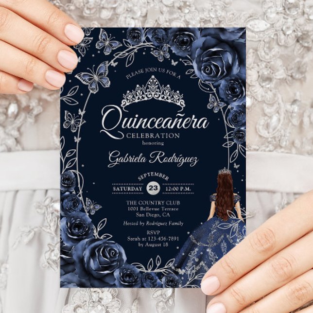 Invitation Quinceanera Navy Silver Butterflies Roses (Créateur téléchargé)
