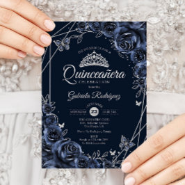 Invitation Quinceanera Navy Silver Floral