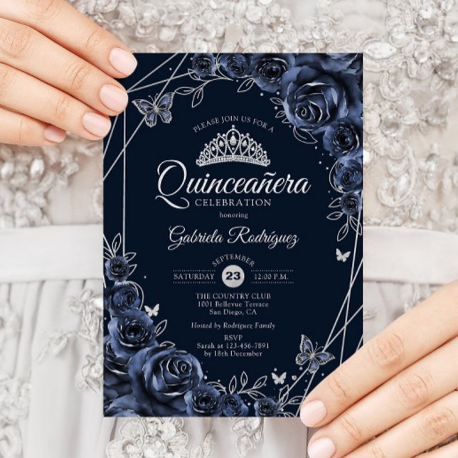 Invitation Quinceanera Navy Silver Floral (Créateur téléchargé)