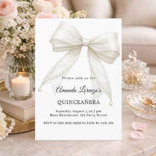 Invitation Quinceañera nœud perles blanches ivoire élégantes