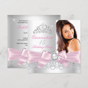 Invitation Quinceañera Nœud Rose Perles Blanches Photo Annive