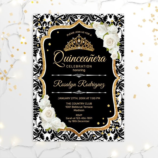 Invitation Quinceanera - Noir Blanc Or (Créateur téléchargé)