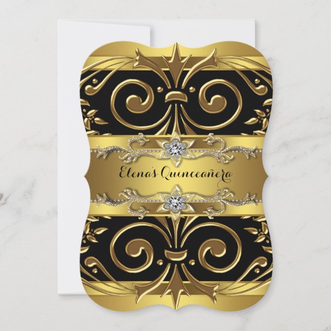 Invitation Quinceanera noir et or (Devant)