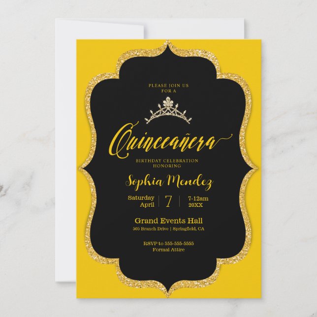 Invitation Quinceanera noir et or (Devant)