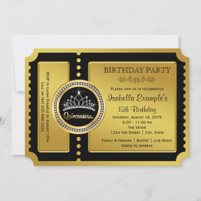 Invitation Quinceanera noir et or fête d'anniversaire (Devant)