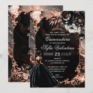 Invitation Quinceañera Noir et Or Rose