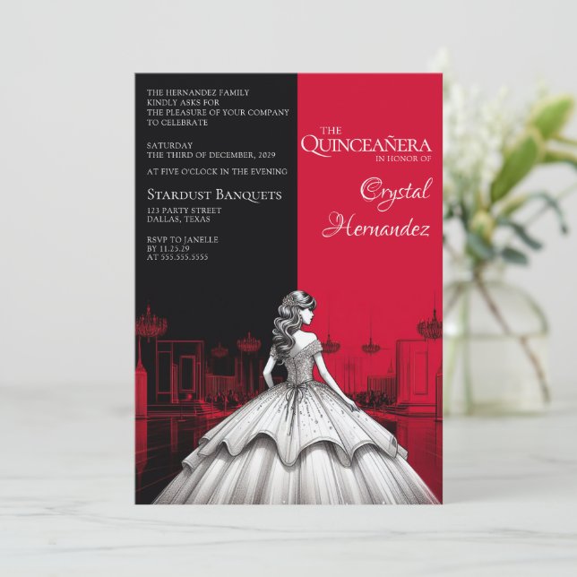 Invitation Quinceañera noir et rouge (Debout devant)