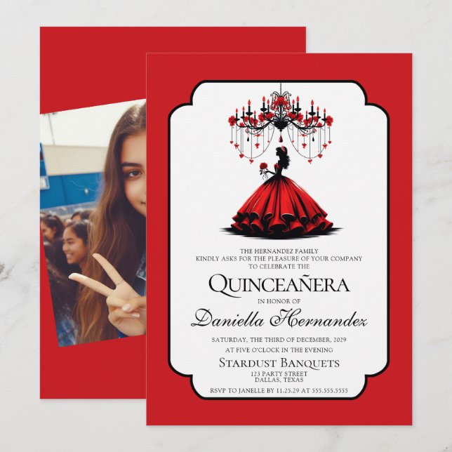 Invitation Quinceañera noir et rouge (Devant / Derrière)