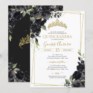 Invitation Quinceañera Noir & Or Elegant Aquarelle Floral