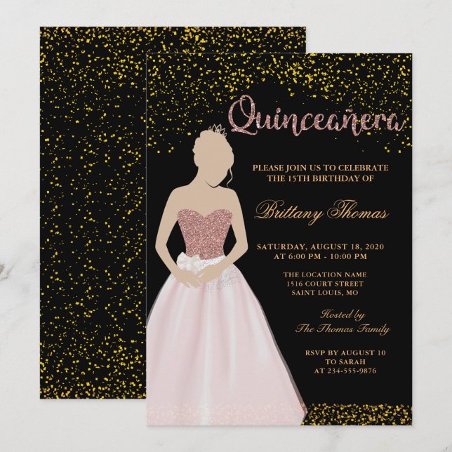 Invitation Quinceanera Noir & Or moderne 15e anniversaire (Devant / Derrière)