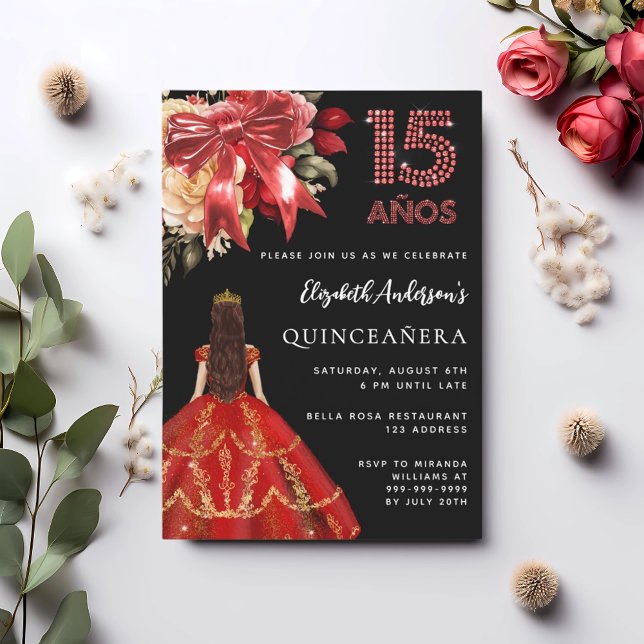 Invitation Quinceanera noir rouge robe fleurons arc (Créateur téléchargé)
