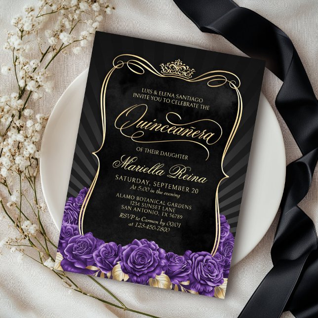 Invitation Quinceañera noir violet or (Créateur téléchargé)