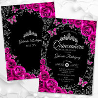 Quinceanera noire en argent rose Fuchsia