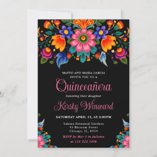 Invitation Quinceanera noire florale mexicaine