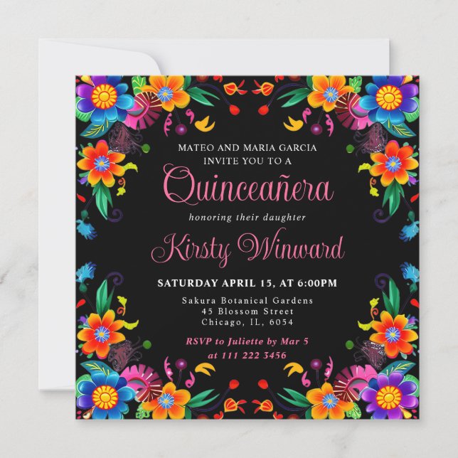 Invitation Quinceanera noire florale mexicaine (Devant)