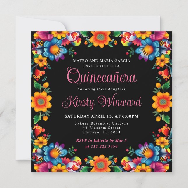 Invitation Quinceanera noire florale mexicaine (Devant)